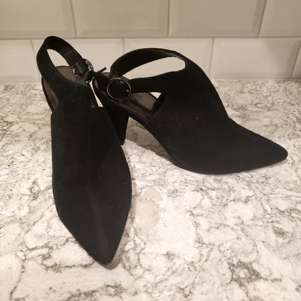 Black suede sling pumps
